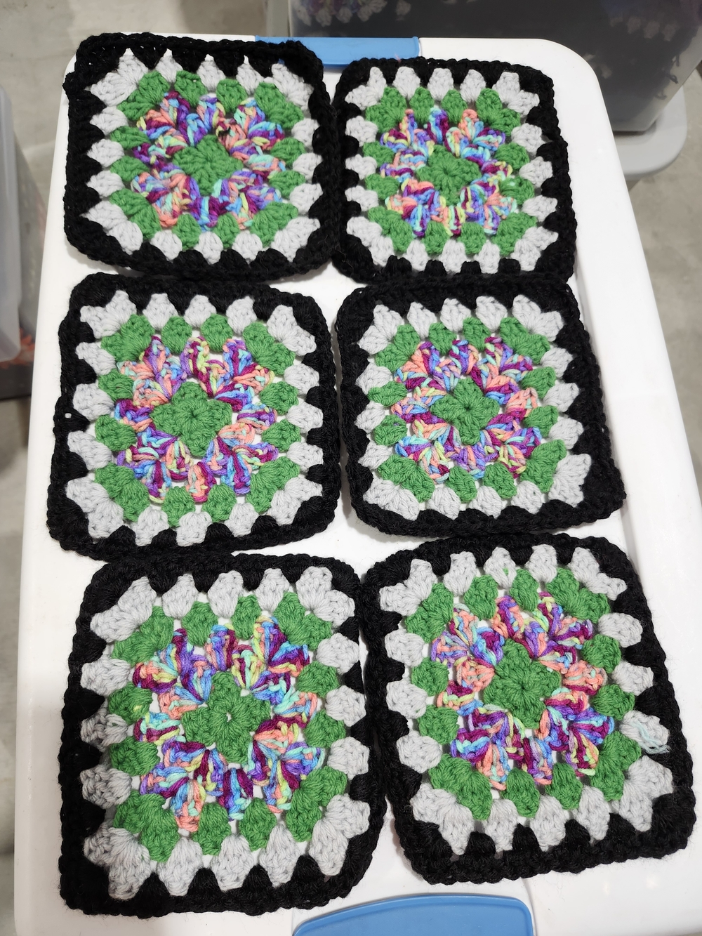 Handmade Crochet Granny Squares - Multicolor & Green 6 Pc 6.5x6.5 #14